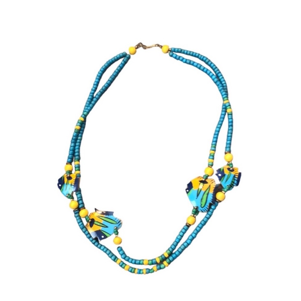 Vintage Colorful Wooden Beaded Fish Necklace 25”
